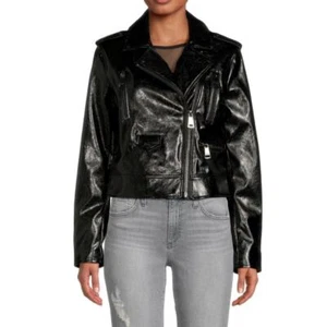 DKNY Sz XSmall Black Patent Faux Leather Pewter Hardware Moto Biker Coat NWT - Picture 1 of 11