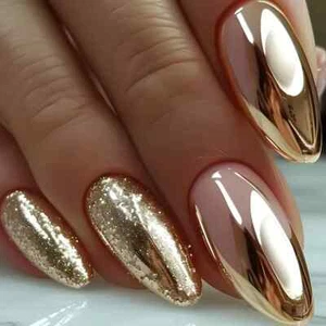 24pcs Press on Nails Medium round Gold/Glitter + Glue gel + nail file + bonus - Picture 1 of 2