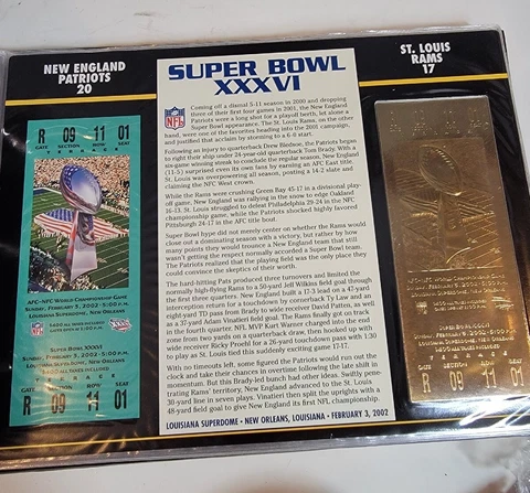 Super Bowl XXXVI 22kt Gold Ticket Stub NFL New England Patriots St. Louis Rams Cover