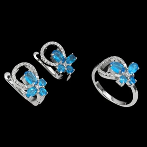 Conjunto De Plata 925 Ovalado De Apatita Azul 6x4mm Joyería Natural Regalo - Imagen 1 de 10