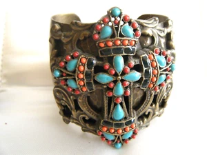 💕 SWEET ROMANCE MAYAN CROSS HAMMERED BRONZE W/ INLAID CUFF BRACELET ST135 3PT8 - Picture 1 of 4