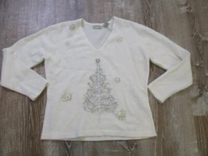 Orvis Women white embroidered embellished christmas Long Sleeve Sweater Angora M - Picture 1 of 7