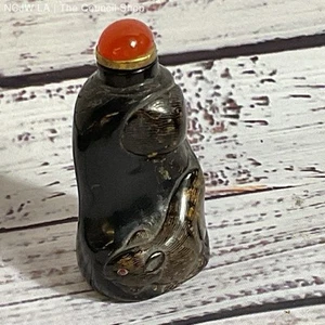 ANTIQUE Chinese Wood (Ebony??) Carved Rat Citrine Stone Snuff Bottle - Picture 1 of 6