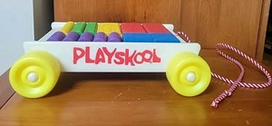 Carro de tracción Playskool vintage con 14 bloques de madera de colores formas apilables niño pequeño - Imagen 1 de 16