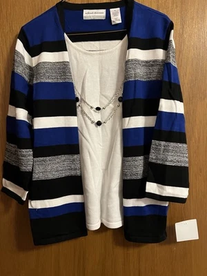 Nuevo con etiquetas Suéter y Collar Alfred Dunner 2-Fer Rayas Azul Marino/Negro/Blanco, Grande Foto 1 de 4