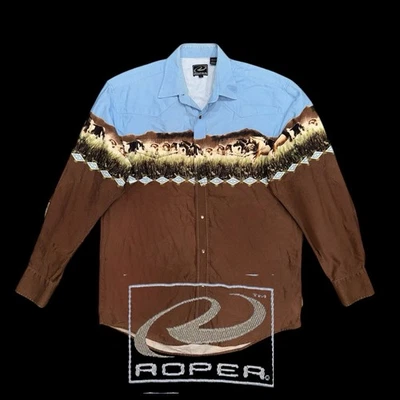 Camisa grande vintage de los 90’s ROPER Western Horses corriendo tribal perla a presión Foto 1 de 2
