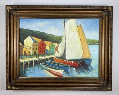 Pintura al óleo colorida de barcos en el muelle por casas coloridas con marco ornamentado. Foto 1 de 4