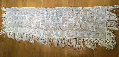 ancien napperon dessus cheminée, buffet, commode, filet, franges - Photo 1/4