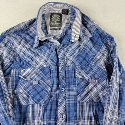 ENGLISH LAUNDRY 男式纽扣衬衫 XL 蓝色多色格子全棉 LS — 第 1/4 张图片