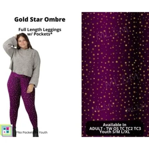 Purple Pink Ombre with Gold Stars Full Length Leggings w/ Pockets - Picture 1 of 5