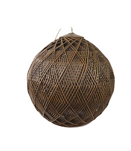 Vintage 70s Mid Century Modern MCM Wood Wicker Woven Orb Hanging Chain Lam