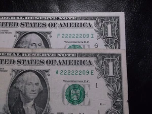 Near Solid 22222209 MATCHING $1 FRN TRINARY 6 2s in a ROW Fancy Serial Numbers - Picture 1 of 12