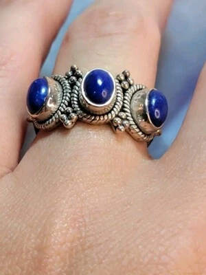 Anillo de 3 piedras lapislázuli de plata de ley .925 talla 6,5 estilo Bali Foto 1 de 4