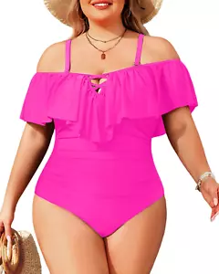 Women plus Size One Piece Swimsuits Tummy Control Ruffle off Shoulder Bathing Su - Picture 1 of 12