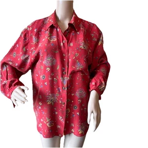 Blusa Vintage Colección Liz Claiborne Roja Seda Talla 12 Botones Top Floral - Imagen 1 de 11