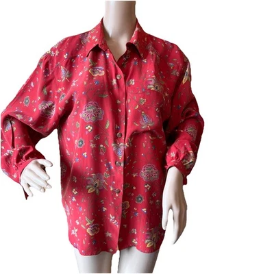 Blusa Vintage Liz Claiborne Coleção Seda Vermelha Tamanho 12 Botões Top Floral - Imagem 1 de 4