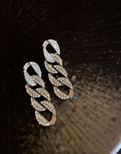 Silver Tone Clear Rhinestones Cuban Chain Link Drop Dangle Post Earrings New - Picture 1 of 5