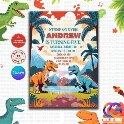 Editable Dinosaur Birthday Invitation, Dinosaur Birthday Party Invite Template - Image 1 of 4