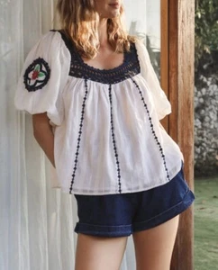 Cleobella Organic Cotton Navy Crockett Top Short Sleeves Blouse Size Xs NWT - Picture 1 of 14