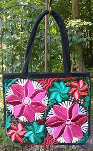 Maya Mexican Hand Embroidered Zipper Tote Bag Chiapas Flowers Floral Teal Pink - Picture 1 of 6