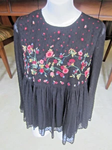 ZARA Black Womens Embroidered Floral Tulle Sheer Shirt Top Long Sleeve Size L - Picture 1 of 7