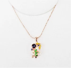 Geschnitzter MOP Blume Schmetterling Emaille Saphir 18 Zoll Halskette 14K Rose auf Sterling CZ - Bild 1 von 12