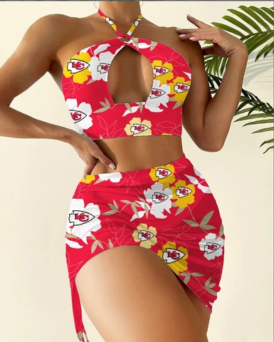 Kansas City Chiefs 2PCS Halter Cutout Bikini Set Bathing Suit Skirt Swimsuits Cover