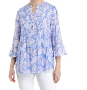 Kim Rogers XL Blue White Floral Tunic Bell Sleeves Cotton Blend Spring Summer - Picture 1 of 13