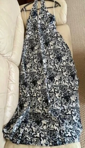 Threads Saks Fifth Ave. 100% Linen Navy & Beige Floral Halter Maxi Dress Size 4 - Picture 1 of 7