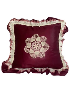 Maroon Throw Pillow Vintage w/ Doily & Ruffles Country Decor Cottage - Picture 1 of 4