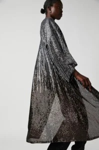 NEW $168 O/S Free People Party On Kimono Jacket Sequin Maxi Duster Silver Black - Picture 1 of 11