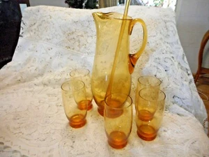  Amber Glass Vintage 5 Glasses & Lg Jug with Swizzle Stick made in Poland C '60s - Picture 1 of 3