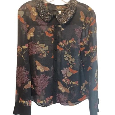 Top Kensie Mujer Pequeño Botón Frontal Floral Mariposa Transparente Lentejuelas Cuello Foto 1 de 4