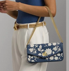 Ralph Lauren Leather Sawyer Embroidered Floral Convertible Bag Indigo Dusk $395 - Picture 1 of 7