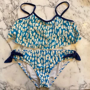 Girls Dot Ruffle Bikini Swimsuit 2 Pc Size 10 M Bathing Suit Boho Blue Tie White - Picture 1 of 16