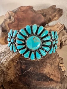 Navajo Made Kingman Turquiose Cluster Cuff Bracelet Genuine Turquiose & Sterling - Picture 1 of 4