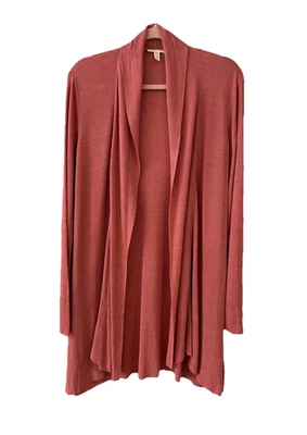 Eileen Fisher 有机亚麻混纺长款开襟开衫,女式大号粉色|珊瑚色 — 第 1/4 张图片