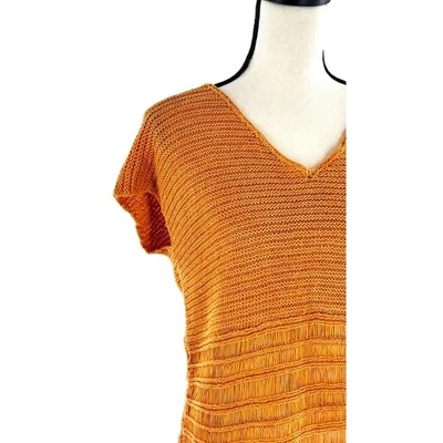 Lafayette 148 Loose Knit Sweater M Mustard Yellow Short Sleeve V Neck Travel - Image 1 of 4
