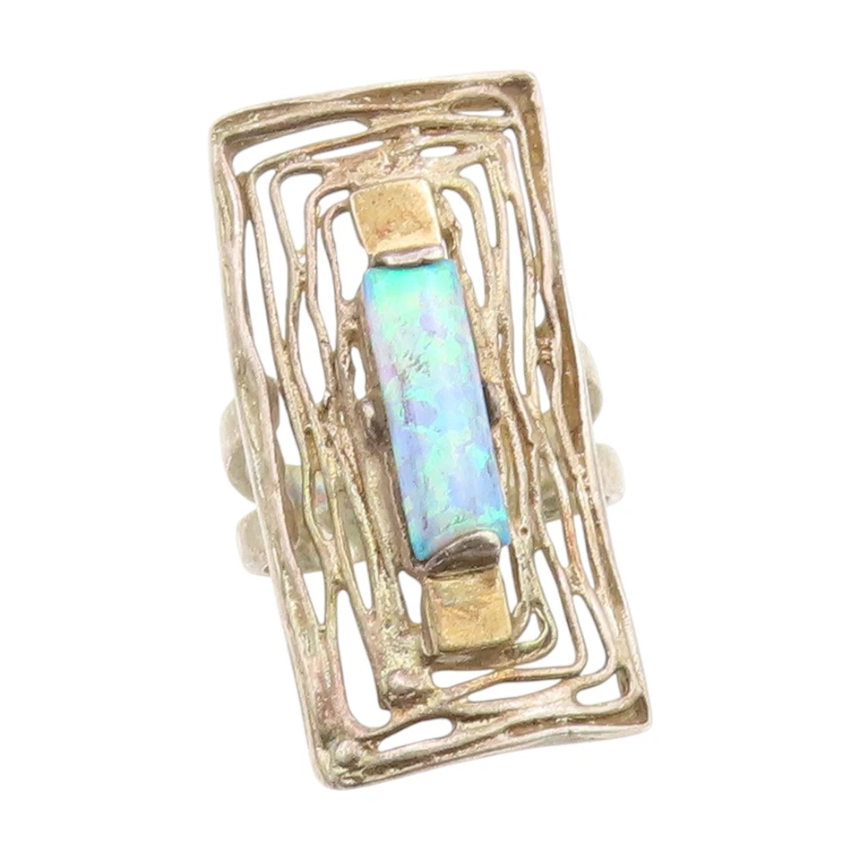 14k Gold & 925 Sterling Silver Vintage Ring Brutalist Opal Band  Sz 8  RG34110 - Image 1 of 4