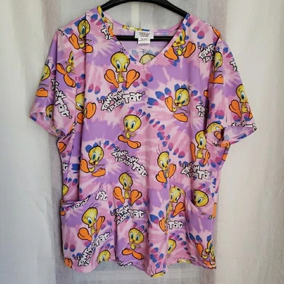 Tweety Bird Scrub Shirt Looney Tunes Medical Top Space Jam SIze XL - Image 1 of 4