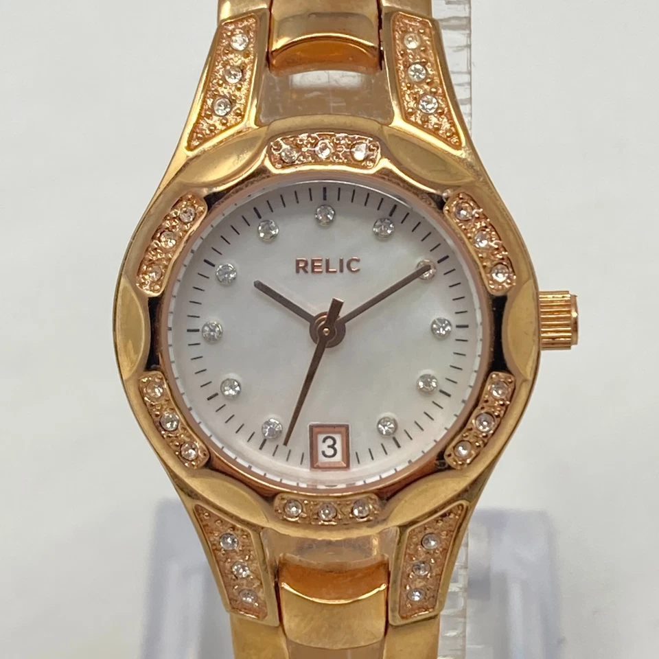 Relic Watch Women 25mm Rose Gold Tone Date Crystals Bling MOP New Battery 6.25" - Image 1 of 4