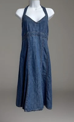Vestido Denim Vintage Antiguo Azul Marino Babydoll Halter Top Cintura Imperio Talla 16 Country Y2K Foto 1 de 4