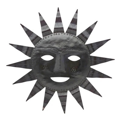 Smiling Sun Face Wall Hanging Decor - 15" Large vtg Black Metal Indoor Outdoor - Image 1 of 4