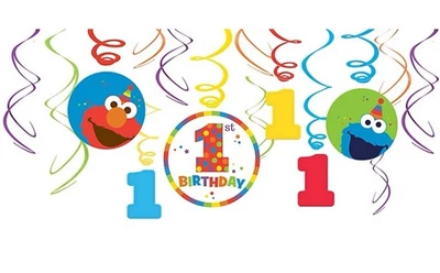 SESAME STREET 1er Cumpleaños 12 piezas Colgante Remolino Decoración Incluye (3) 7" y (3) 5" NUEVO Foto 1 de 3