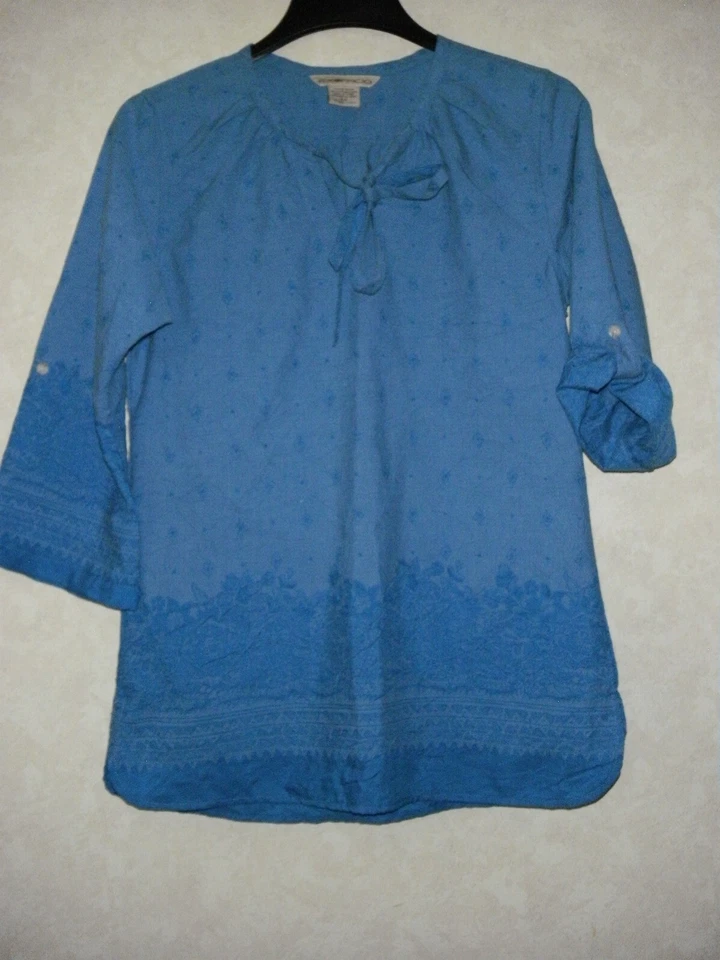 Exofficio Top Tunic Women S Blue Floral Tie Neck Roll Tab Sleeve - Image 1 of 4