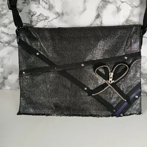 Silver & Black Denim Cross body Bag With Zip & Stud Detail - Picture 1 of 8