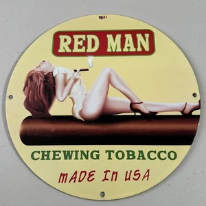 VINTAGE RED MAN CHEWING TOBACCO PORCELAIN SIGN GAS OIL SMOKE STORE AD PUMP PLATE - Picture 1 of 12