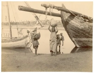 WATER CARRIERS HUGE JUG WATERSKIN BAGS WOODEN SHIPS BLACK AFRICANS ANTIQUE PHOTO - Picture 1 of 2