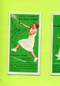 1936 JOHN PLAYER & SONS CIGARETTE TENNIS CARD #47 STANDING SMASH MISS NUTHALL