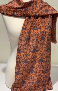 100% Silk Scarf created with Liberty Of London Crepe ~ Navy & Orange ~ 65x180cm - Picture 1 of 8